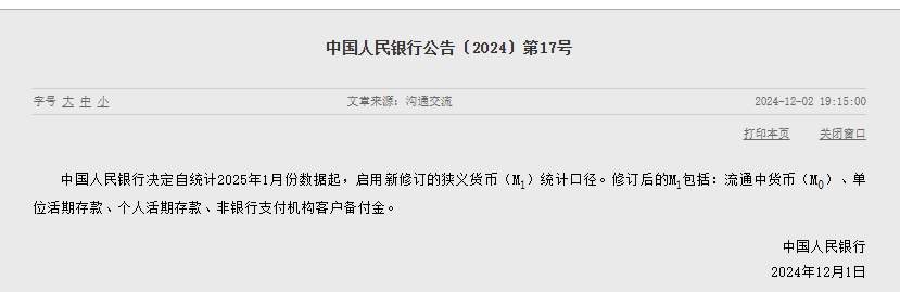 央行：明年1月起<strong></p>
<p>贵金属投资理财</strong>，将个人活期存款、非银行支付机构客户备付金纳入M1统计口径